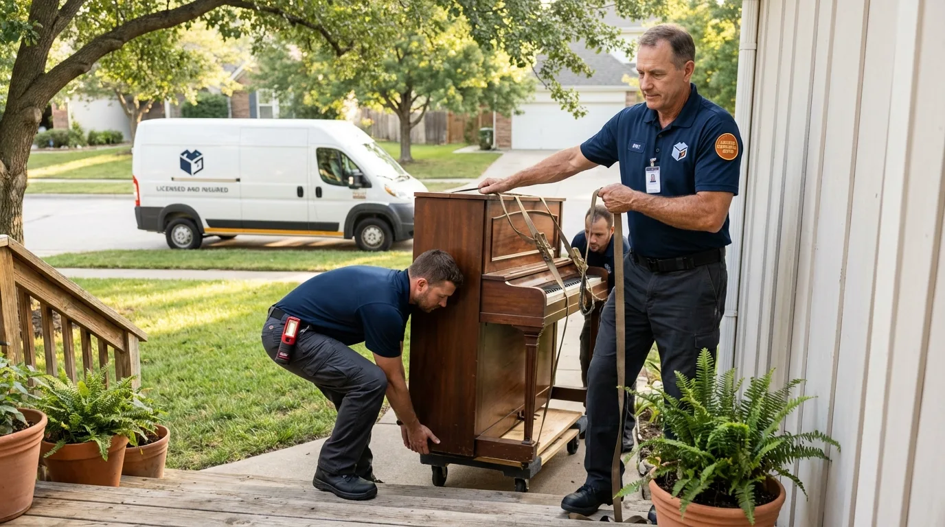 Licensed piano movers securing grand piano in Greeneville, TN