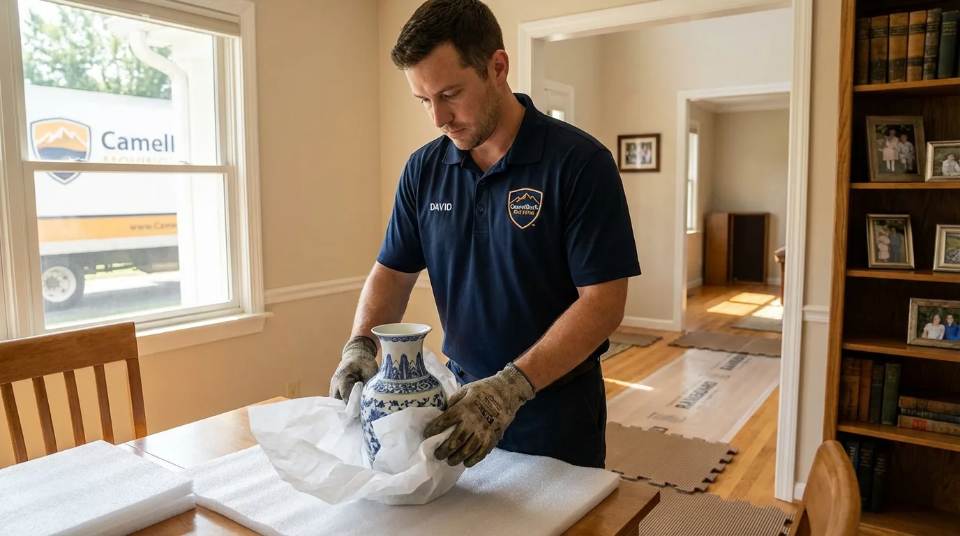 Professional crew carefully wrapping antique vase for senior downsizing move in Greeneville, TN